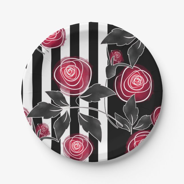 Abstrakte moderne rote Rosen Blätter skizzierten B Pappteller (Vorderseite)