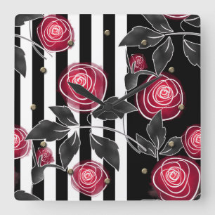 Abstrakte moderne rote Rosen Blätter skizzierten B Quadratische Wanduhr