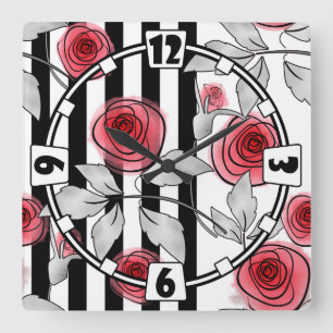 Abstrakte moderne rote Rosen Blätter skizzierten B Quadratische Wanduhr