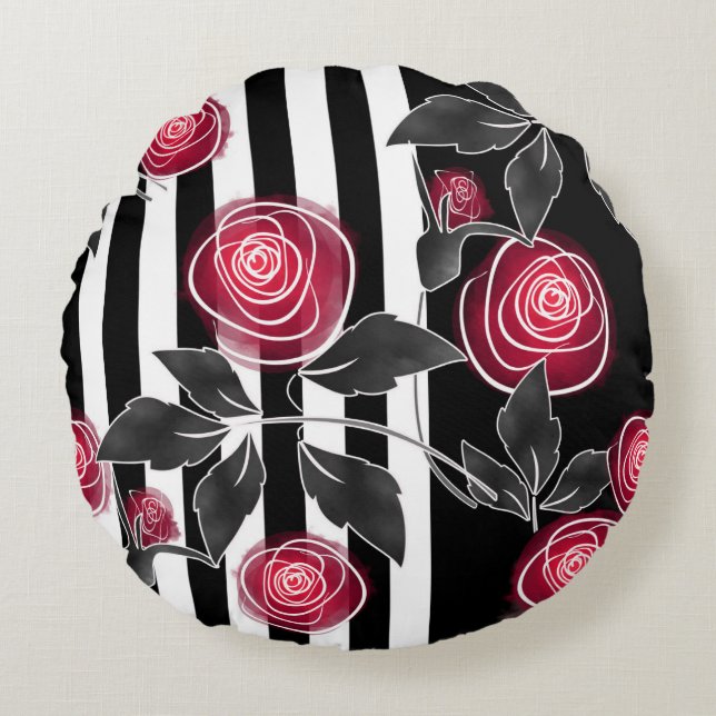 Abstrakte moderne rote Rosen Blätter skizzierten B Rundes Kissen (Vorderseite)