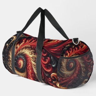 Abstrakte moderne wirbelnde rote, schwarze und gol duffle bag