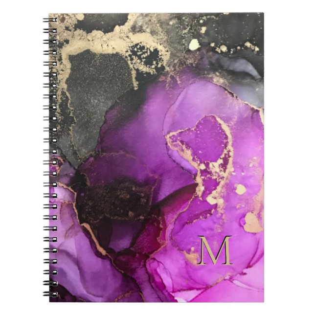 Abstrakte Monogramm Lila Black Gold Alkoholtinte Notizblock (Vorderseite)
