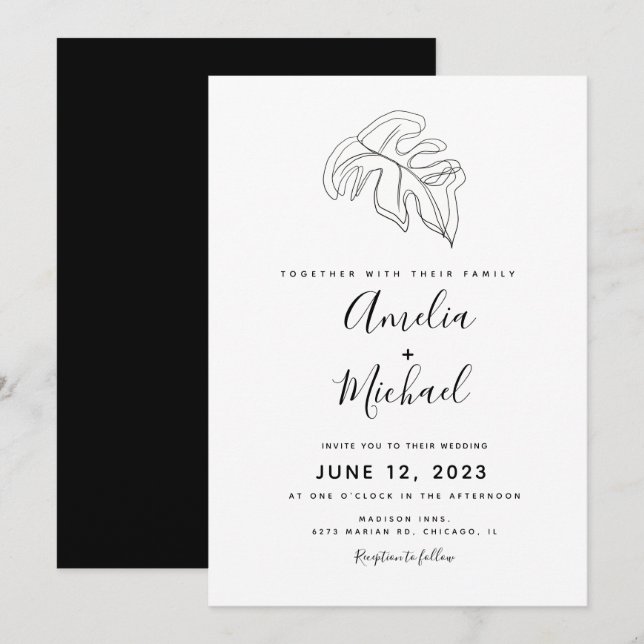 Abstrakte Monstera Hand Drawn Botanische Hochzeit Einladung (Vorne/Hinten)
