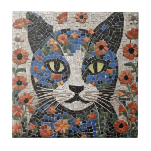 Abstrakte Mosaikkatze mit Blume Fliese
