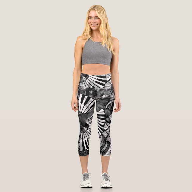 Abstrakte Musikkunst - Graustufen-Mischtexte Capri Leggings (Vorderseite)