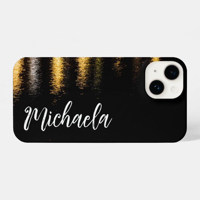 Abstrakte Nachtlichter Schwarzer Name iPhone 14 Hülle (Rückseite (Horizontal))