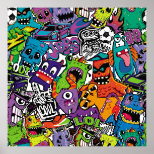 Abstrakte nahtlose Comicen Monster. Cartoon mutant Poster