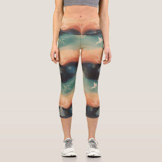 Abstrakte Natur: Minimalistisches Lotus- und Vogel Capri Leggings