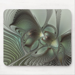 Abstrakte Oliven-Salbei-Grün-Grau-Fraktal-Kunst-Fa Mousepad