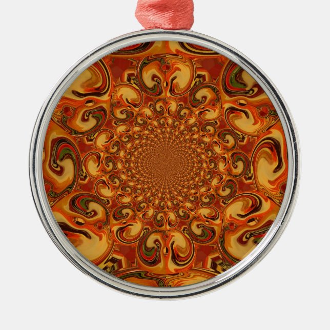 Abstrakte Orange-, Braun- und Grüntöne Silbernes Ornament (Vorne)
