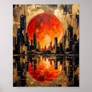 Abstrakte Orange Mond Stadt Skyline Ölmalerei Kuns Poster
