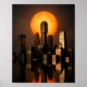Abstrakte Orange Sonne Stadt-Skyline Texturierte K Poster