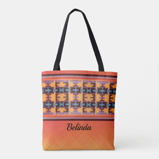 Abstrakte Orangefarbene, Lila, Gelbe und Blaue Tas Tasche (Rückseite)
