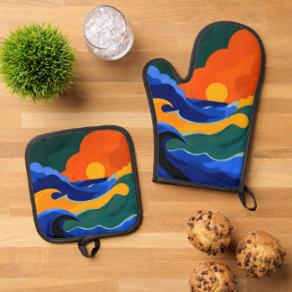 Abstrakte Ozeanwellen Sonnenuntergang Kunst Ofenhandschuh & Topflappen-Set