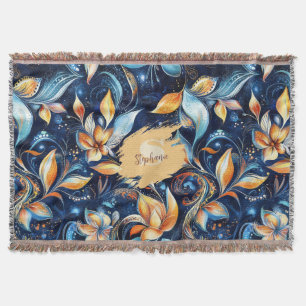 Abstrakte Paisley-Blätter in Blau und Gold (2) Decke