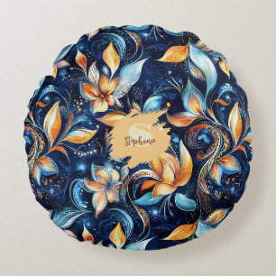 Abstrakte Paisley-Blätter in Blau und Gold (2) Rundes Kissen