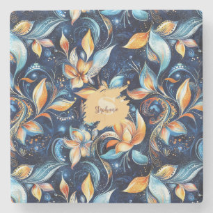 Abstrakte Paisley-Blätter in Blau und Gold (2) Steinuntersetzer