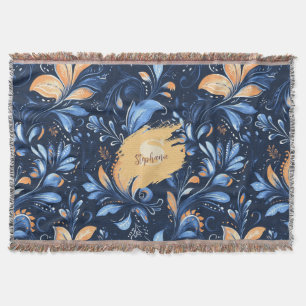 Abstrakte Paisley-Blätter in Blau und Gold (3) Decke