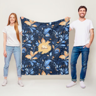 Abstrakte Paisley-Blätter in Blau und Gold (3) Fleecedecke