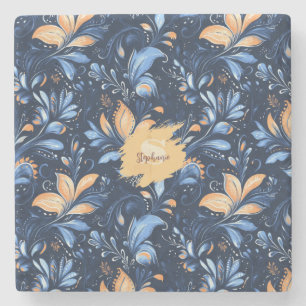 Abstrakte Paisley-Blätter in Blau und Gold (3) Steinuntersetzer