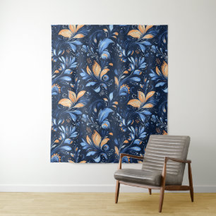 Abstrakte Paisley-Blätter in Blau und Gold (3) Wandteppich