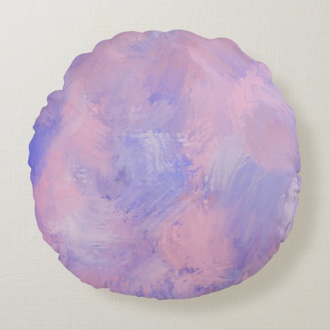 Abstrakte Pastellfarben Rosa und Blau Rundes Kissen (Vorderseite)