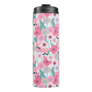 Abstrakte pastellfarbene Blumenmuster. Schöne Rosa Thermosbecher