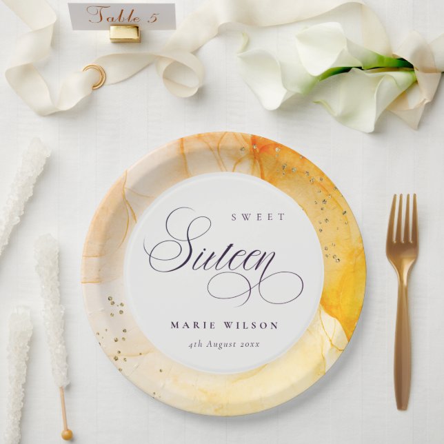 Abstrakte Pastellgelbe Orange Süße 16 Geburtstag Pappteller (Hochzeit)