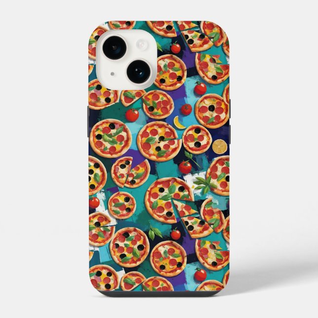Abstrakte Pepperoni Pizza auf blauem Hintergrund iPhone 14 Hülle (Rückseite)