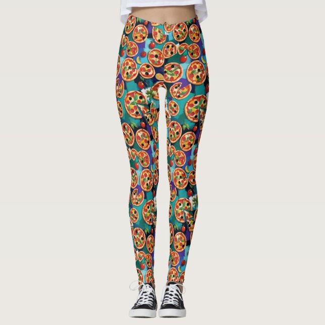 Abstrakte Pepperoni Pizza auf blauem Hintergrund Leggings (Vorderseite)