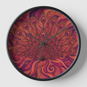 Abstrakte Pfau-Sonnenuntergangs-Orange-Fan-Art-Uhr Uhr