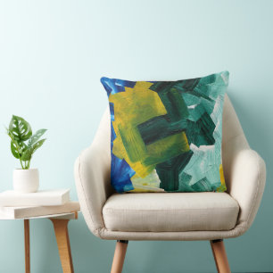 Abstrakte Pinselstriche, blau, grün und gelb Kissen