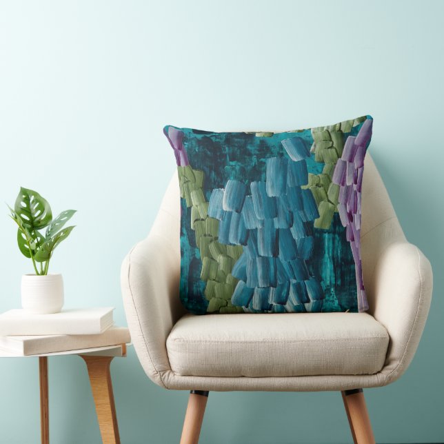 Abstrakte Pinselstriche in Blau, Grün und Lila Kissen (Stuhl )