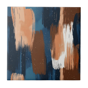 Abstrakte Pinselstriche in Blau, Weiß und Braun Fliese