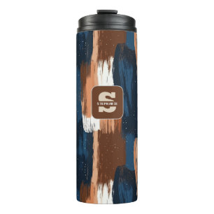 Abstrakte Pinselstriche in Blau, Weiß und Braun Thermosbecher