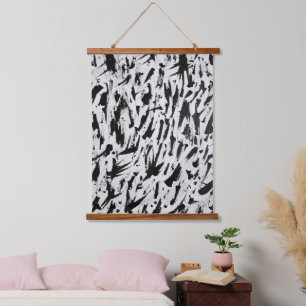 Abstrakte Pinselstriche in Schwarz und Weiß Art Wandteppich Mit Holzrahmen