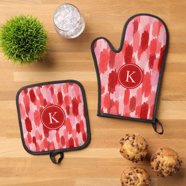 Abstrakte Pinselstriche Muster Monogramm Ofenhandschuh & Topflappen-Set (Oben Unten)