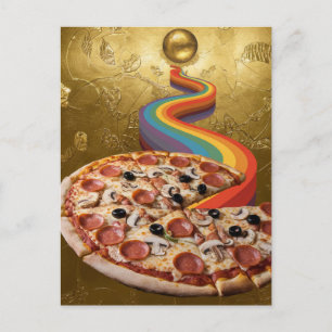 Abstrakte Pizza-Regenbogen führt vom Planeten zur  Postkarte