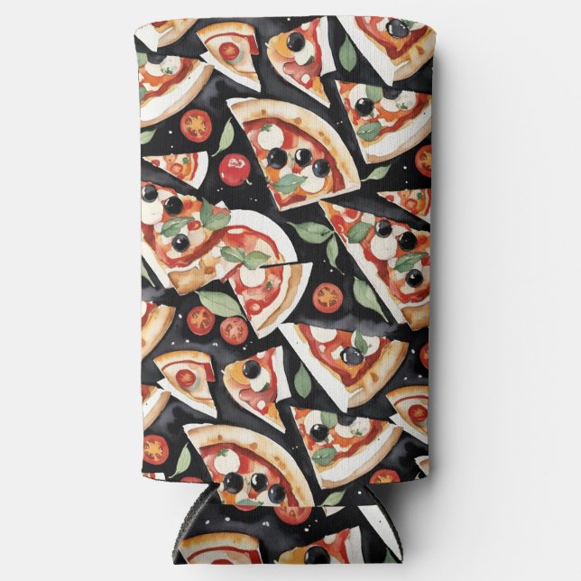 Abstrakte Pizzaslics auf schwarzem Hintergrund Selters Dosenkühler (Vorderseite)