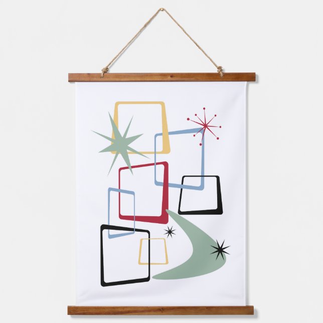 Abstrakte Plätze der Atomzeit Mitte des Jahrhunder Wandteppich Mit Holzrahmen (Vorderseite)