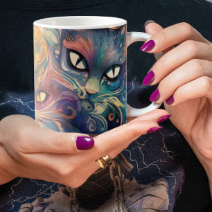Abstrakte psychedelische Blumen Katzen farbenfrohe Kaffeetasse