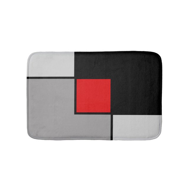 Abstrakte Quadrate in Schwarz, Grau und Rot Badematte (Vorderseite)