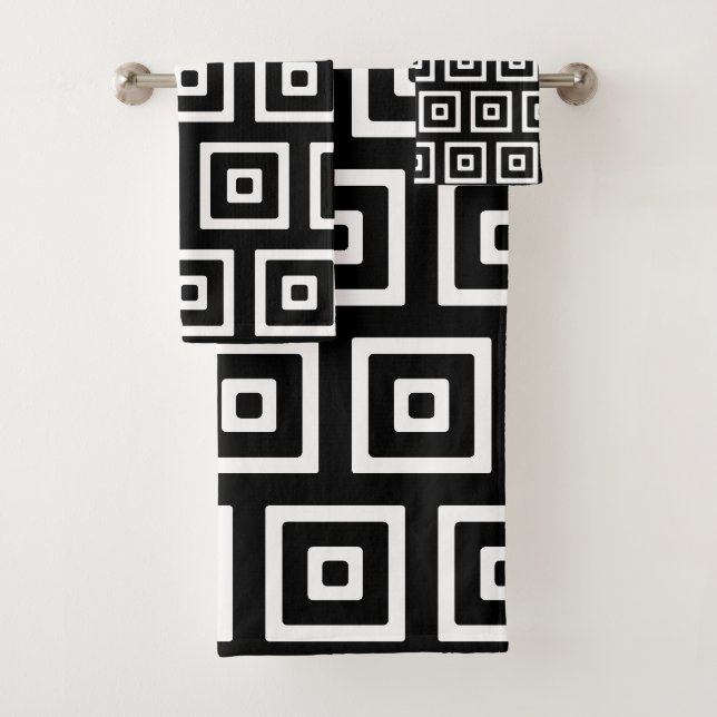 Abstrakte Quadrate in Schwarz und Weiß Badhandtuch Set (Insitu)