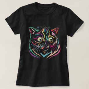 Abstrakte Regenbogen-Linienkunst Katzen-Gesicht T-Shirt