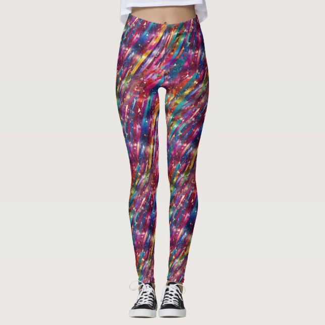 Abstrakte Regenbogenstreifen Disco Glitterie Muste Leggings (Vorderseite)