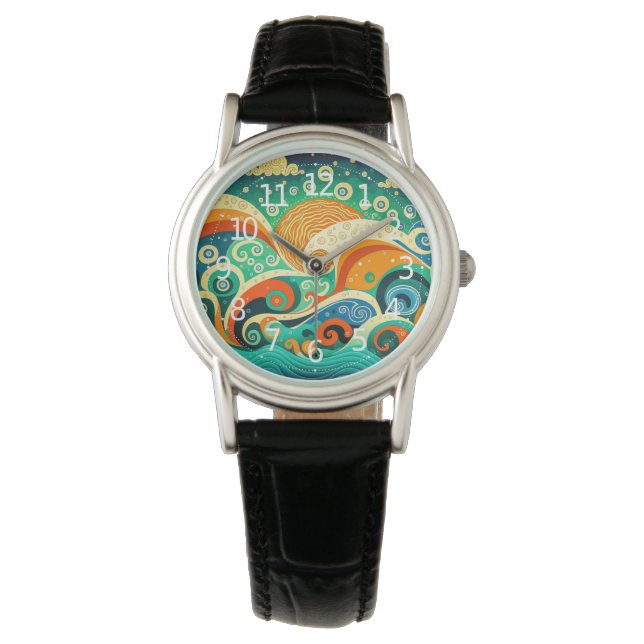 Abstrakte Retro 70er Hippie Waves Artwork | Armbanduhr (Vorderseite)