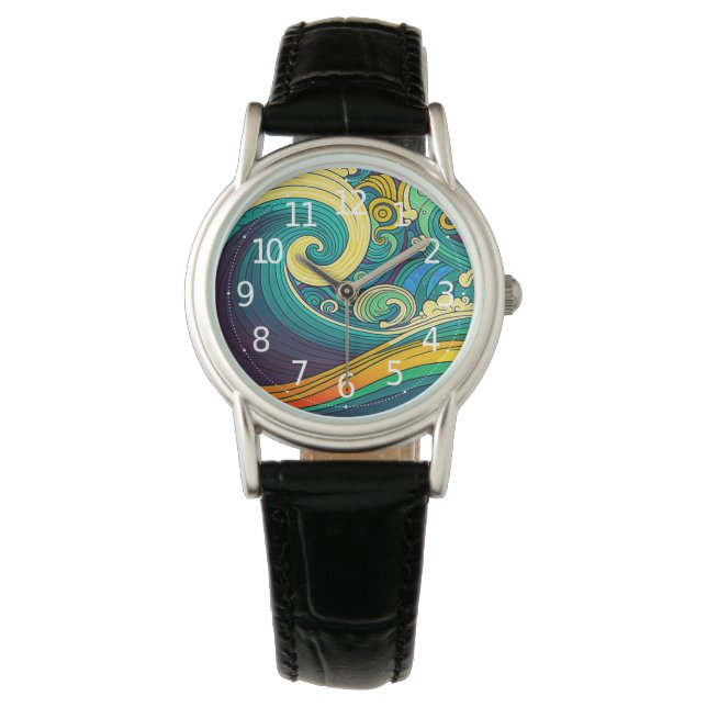 Abstrakte Retro 70er Hippie Waves Artwork | Armbanduhr (Vorderseite)