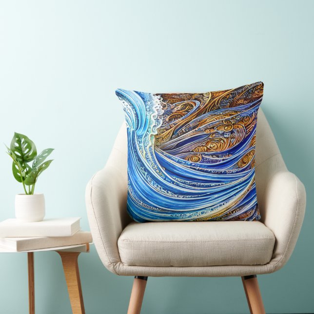 Abstrakte Rippelwellen in Blau und Gold Kissen (Stuhl )