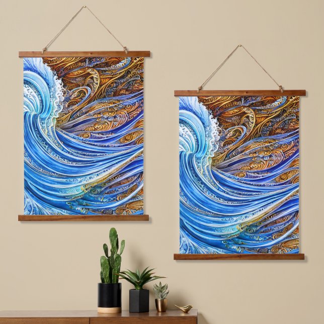 Abstrakte Rippelwellen in Blau und Gold Wandteppich Mit Holzrahmen (Asymmetrisch)