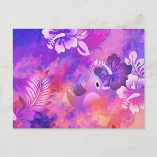 Abstrakte rosa Blume und Vogelkunst Postkarte
